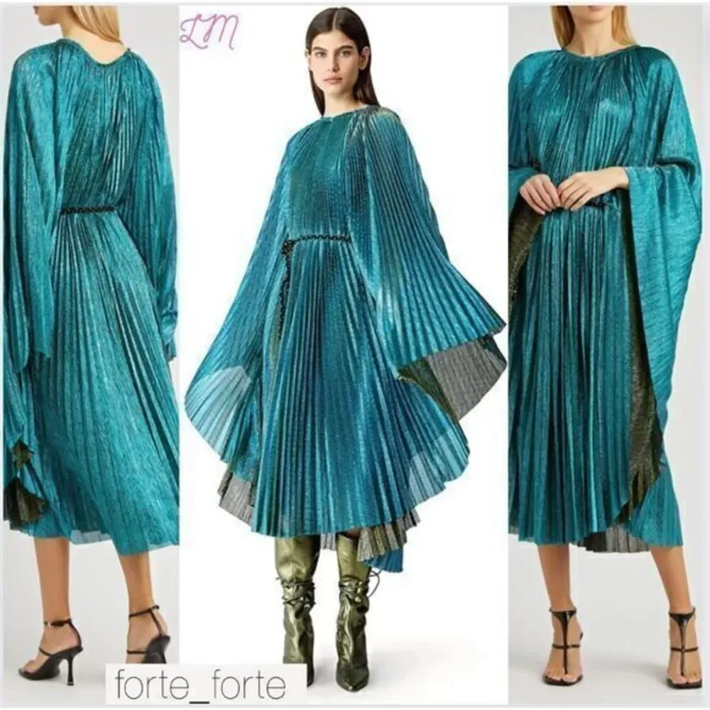 Forte Forte Kaftan Dress Pleated Lame Tulle Emerald Blue Metallic‎ Size 4 - Picture 8 of 16